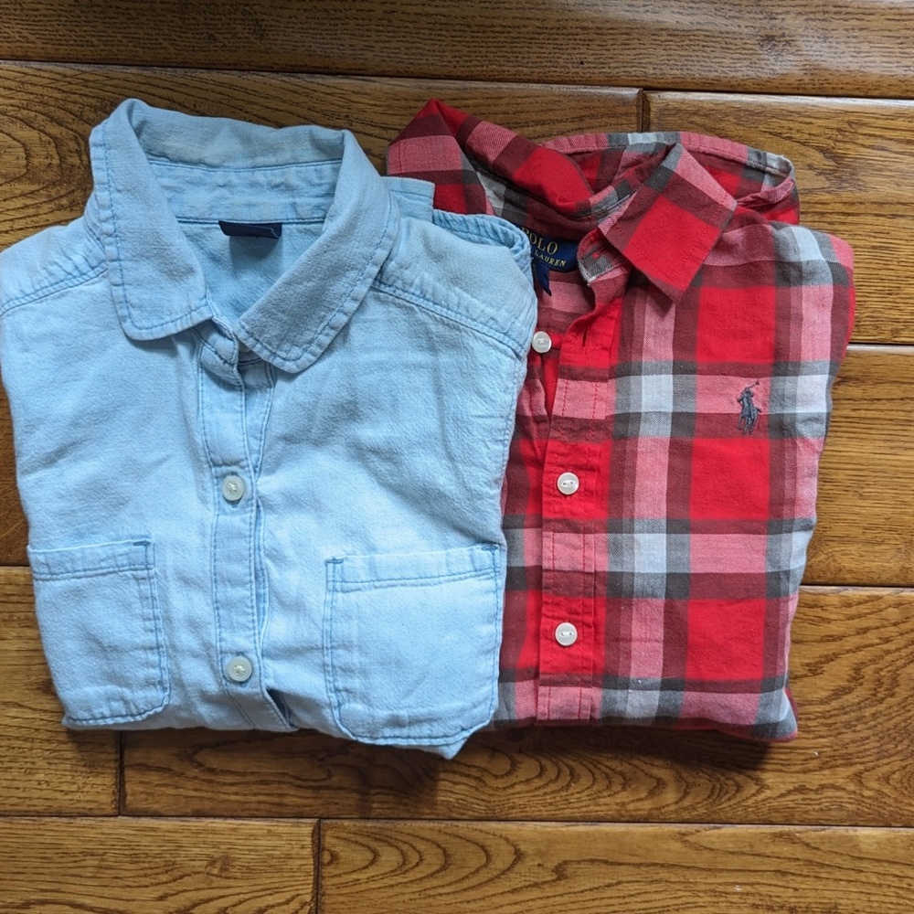 2 Button down shirts. Polo button down shirt. Gap light denim shirt.  Size 10